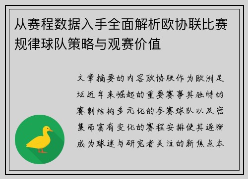 从赛程数据入手全面解析欧协联比赛规律球队策略与观赛价值