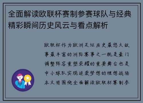 全面解读欧联杯赛制参赛球队与经典精彩瞬间历史风云与看点解析